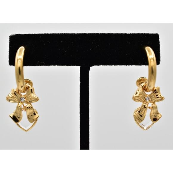 Vintage Hoop Charm Earrings Bow Crystal Bezel Heart Dangle Drop 1990s BinW - Picture 1 of 12